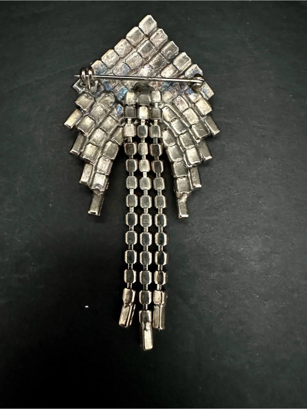 VTG Rhinestone Brooch Domed Pave Crystal Baguette Fringe Tassel Dangle Pin